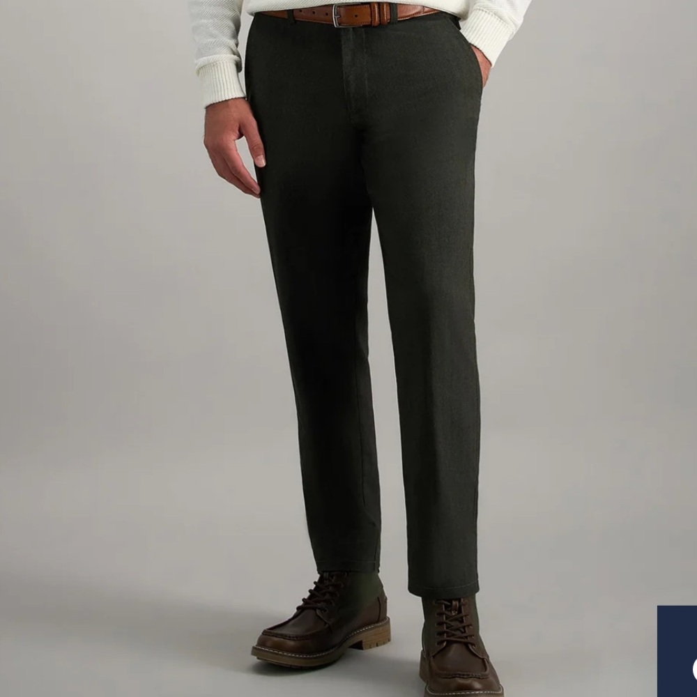 HAGGAR MODERN STRETCH Straight Flat Front Green Herringbone Pants NWT